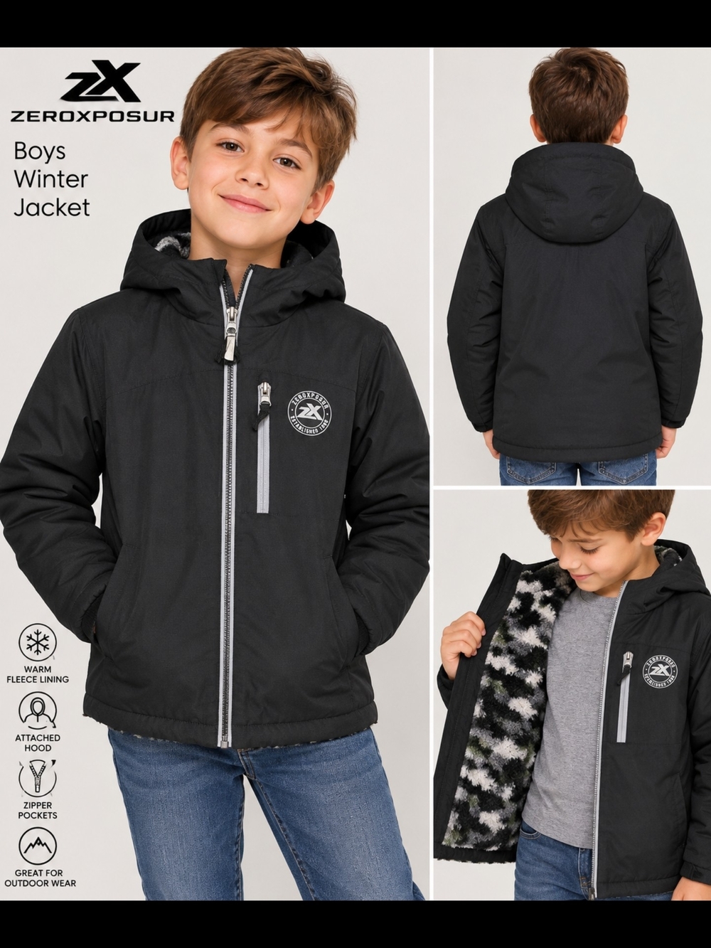 ZeroXPosur Boys' Black Winter Jacket with Hood